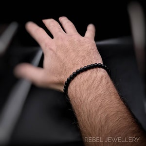 Black Onyx stone beaded bracelet for men, for women Matte Black Onyx beads Hand made silver spacer stretch bracelet,Perfect gift for men image 5