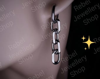 Silver Chain Link Dangle Gothic Earring For Women and Men,Goth Drop and Dangle Chain Earrings Steel, Goth Punk Alternative Statement Earring