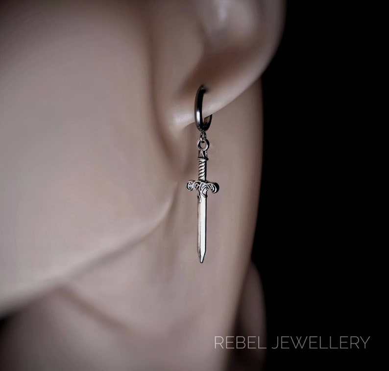 Silver Steel Hoop Dagger Earings for Women and Men. Unique Gothic Alternative Jewellery, Dagger Dangle Silver Charm Earring Set, Unique gift Single