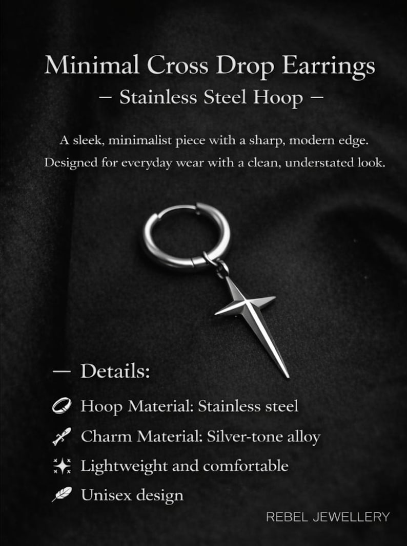 May include: Minimalist cross drop earrings with a stainless steel hoop and a silver-tone alloy cross charm. The earrings are lightweight, comfortable, and designed for everyday wear. The design is unisex.