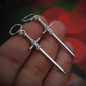 Silver Sword Earings for Women and Men. Unique Gothic Alternative Jewellery, Dagger Dangle Sword Silver Charm Earring Set, Unique gift Pair