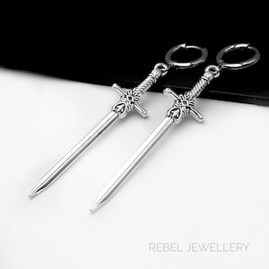Silver Sword Earings for Women and Men. Unique Gothic Alternative Jewellery, Dagger Dangle Sword Silver Charm Earring Set, Unique gift zdjęcie 8