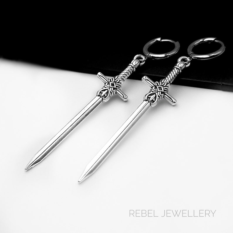 Silver Sword Earings for Women and Men. Unique Gothic Alternative Jewellery, Dagger Dangle Sword Silver Charm Earring Set, Unique gift zdjęcie 8