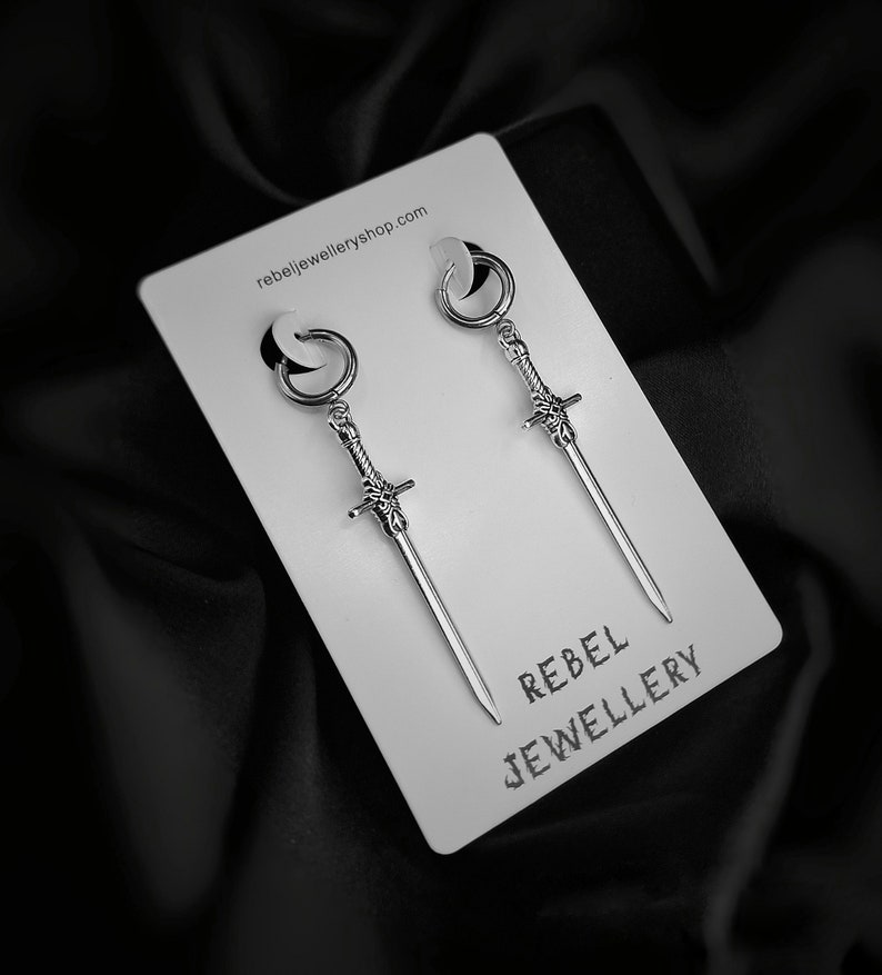 Silver Sword Earings for Women and Men. Unique Gothic Alternative Jewellery, Dagger Dangle Sword Silver Charm Earring Set, Unique gift zdjęcie 4