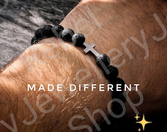 Lava Stone Black Beaded Cross Bracelet for Men and Women,Lava Rock Beads,Unique Jewellery,Handmade item, Healing Bracelet Silver Cross Charm