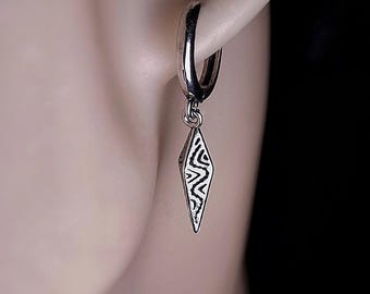 Silver Geometric Spike Hoop Earring for Men and Women, Dangle Spike Earring,Silver Steel Hoop Dangle Mens Silver Earrings, Cool Hoop Earring