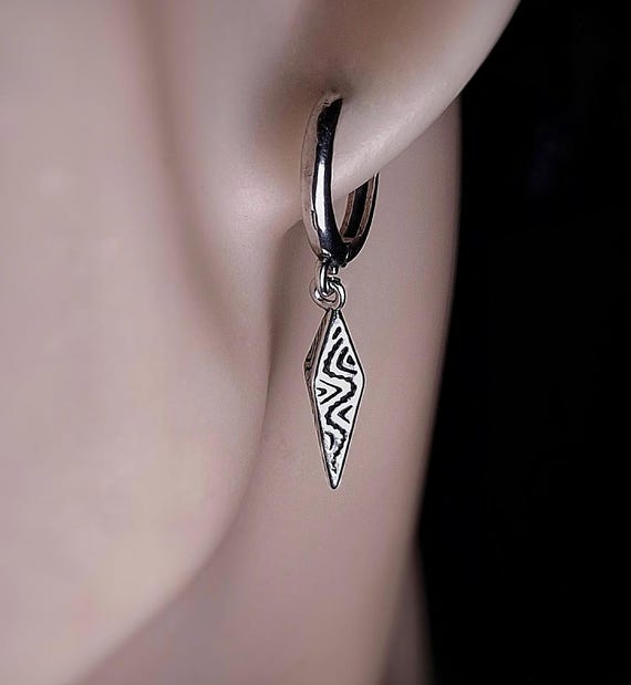 Silver Geometric Spike Hoop Earring for Men and Women, Dangle Spike Earring,Silver Steel Hoop Dangle Mens Silver Earrings, Cool Hoop Earring