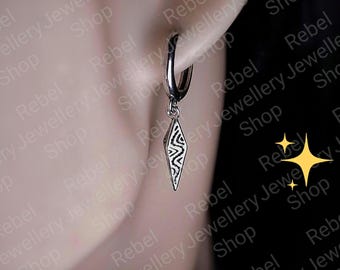 Silver Geometric Spike Hoop Earring for Men and Women, Dangle Spike Earring,Silver Steel Hoop Dangle Mens Silver Earrings, Cool Hoop Earring