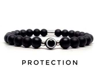 Evil eye bracelet for men and women beaded bracelet, Evil eye jewellery, Matte black onyx gemstone beads, protection bracelet , gift for him