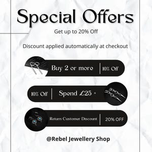 May include: Promotional graphic with the text "Special Offers" and "Get up to 20% Off." Additional text includes "Buy 2 or more 10% Off," "10% Off Spend &pound;25 +," and "Return Customer Discount 20% OFF." The shop's name, "@Rebel Jewellery Shop," is also displayed.