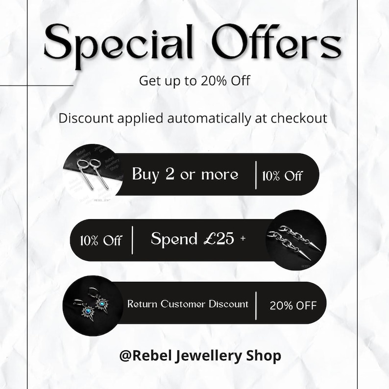May include: Promotional graphic with the text "Special Offers" and "Get up to 20% Off." Additional text includes "Buy 2 or more 10% Off," "10% Off Spend &pound;25 +," and "Return Customer Discount 20% OFF." The shop's name, "@Rebel Jewellery Shop," is also displayed.