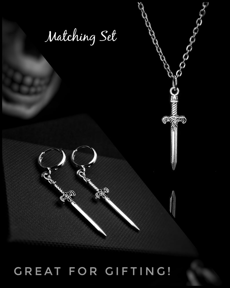 Silver Steel Hoop Dagger Earings for Women and Men. Unique Gothic Alternative Jewellery, Dagger Dangle Silver Charm Earring Set, Unique gift Matching Set