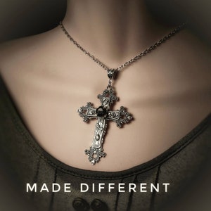 Large Silver Cross Statement Necklace Gothic Cross Pendant Necklace, Crucifix Statement Necklace Silver Goth Cross Pendant for Women and Men