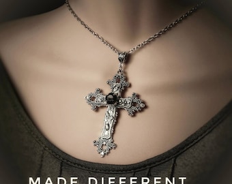 Large Silver Cross Statement Necklace Gothic Cross Pendant Necklace, Crucifix Statement Necklace Silver Goth Cross Pendant for Women and Men