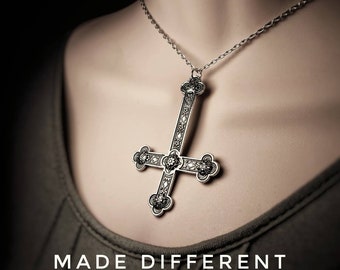 Gothic Upside Down Cross Pendant Necklace Silver Gothic Statement Inverted Punk Chunky Cross Necklace,Sideways Cross  Womens Statement Cross