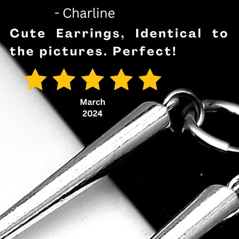 May include: Close-up of shiny, silver earrings with a minimalist design. The image includes text that reads "Cute Earrings, Identical to the pictures." and a five-star rating. The background is black and white.