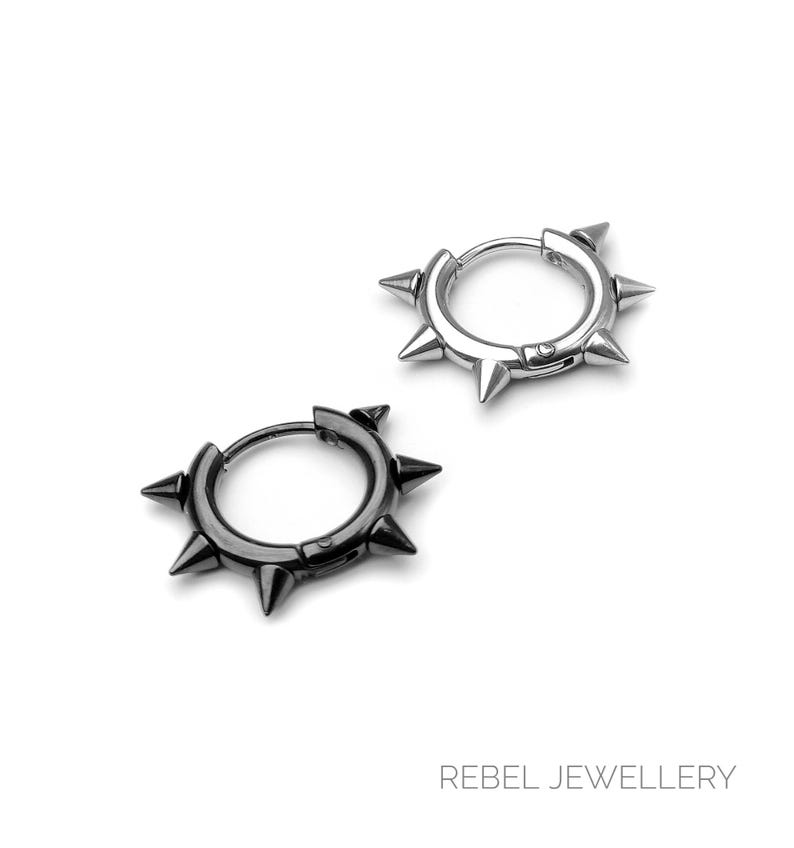 Silver Spike Earring Hoops, Huggie Hoops Spike Earrings Gothic Punk Earrings, Spikey Earrings Man, Punk Hoop Earring Spikey Dark Jewellery image 5