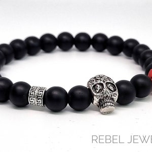 Skull Beaded Bracelet | For Men | For Women | Silver Skull Bead Charm |Black Onyx Mens Bracelet | Halloween Jewellery | Gothic Jewellery