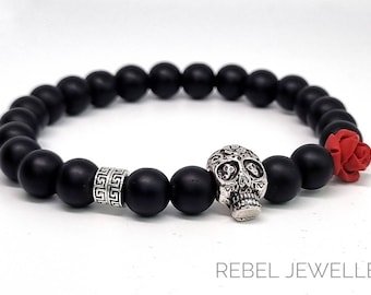 Skull Beaded Bracelet | For Men | For Women | Silver Skull Bead Charm |Black Onyx Mens Bracelet | Halloween Jewellery | Gothic Jewellery