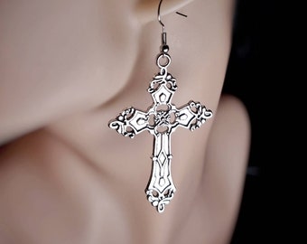 Silver Gothic Cross Earrings for Women and Men,Large Statement Cross Dangle Drop Hangings Cross Earrings,Gothic Earrings for Women,Big Cross