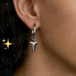 Silver Geometric Dangle Earrings for Men and Women, Hypoallergenic Steel Huggie Hoop Silver Mens Earring, Cool Everyday Earrings For Him/Her