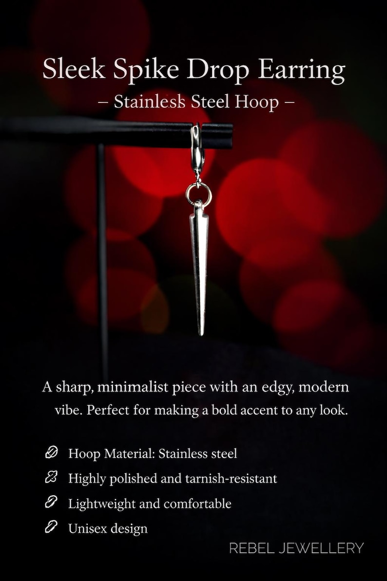 Puede incluir: Un pendiente colgante de punta de acero inoxidable. Dise&ntilde;o minimalista y elegante. El texto de la imagen dice "Sleek Spike Drop Earring - Stainless Steel Hoop -" y es de dise&ntilde;o unisex.