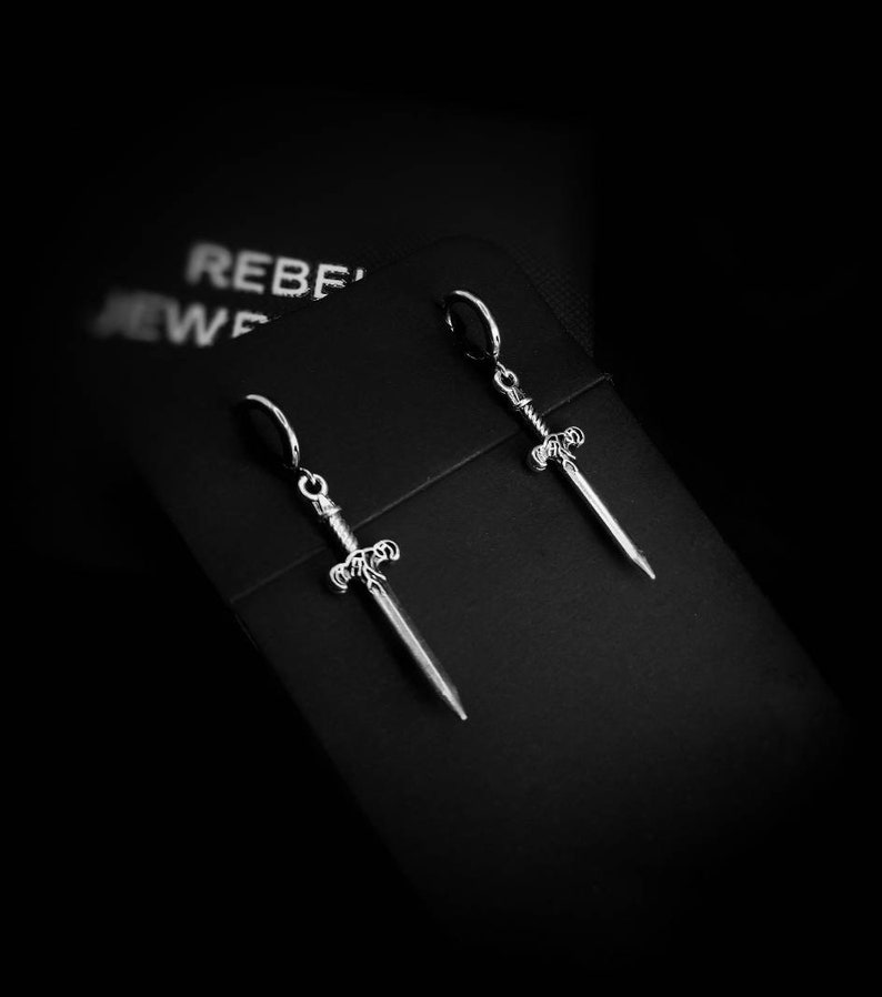 Silver Steel Hoop Dagger Earings for Women and Men. Unique Gothic Alternative Jewellery, Dagger Dangle Silver Charm Earring Set, Unique gift zdjęcie 4