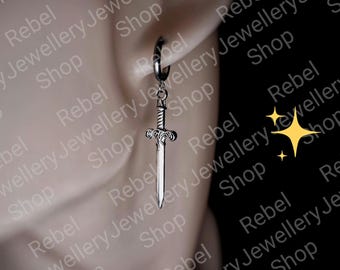 Silver Steel Hoop Dagger Earings for Women and Men. Unique Gothic Alternative Jewellery, Dagger Dangle Silver Charm Earring Set, Unique gift