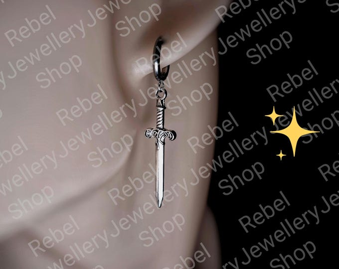 Featured listing image: Silver Steel Hoop Dagger Earings for Women and Men. Unique Gothic Alternative Jewellery, Dagger Dangle Silver Charm Earring Set, Unique gift