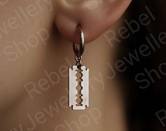 Gothic Razor Earings Silver Unique Goth Emo Alternative Earrings, Silver Drop and Dangle Razor Charms, Dangle Earring Set for Men and Women