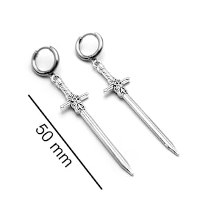 Silver Sword Earings for Women and Men. Unique Gothic Alternative Jewellery, Dagger Dangle Sword Silver Charm Earring Set, Unique gift zdjęcie 7