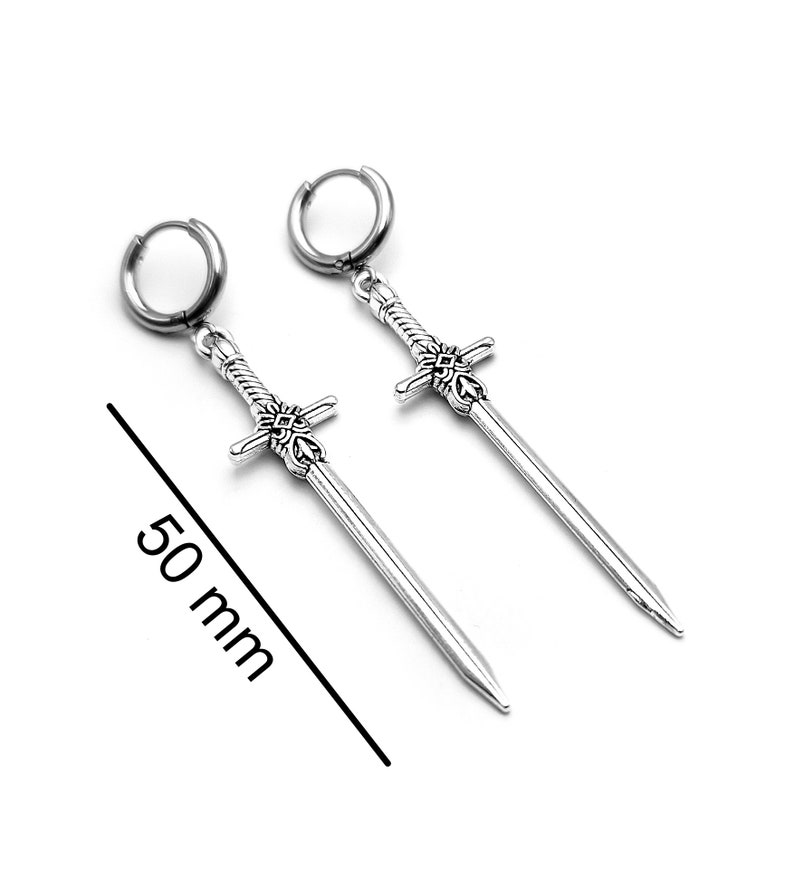 Silver Sword Earings for Women and Men. Unique Gothic Alternative Jewellery, Dagger Dangle Sword Silver Charm Earring Set, Unique gift zdjęcie 7