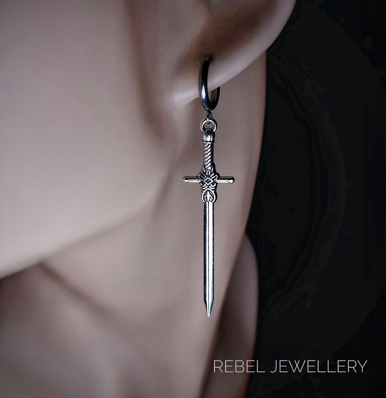 Silver Sword Earings for Women and Men. Unique Gothic Alternative Jewellery, Dagger Dangle Sword Silver Charm Earring Set, Unique gift zdjęcie 1