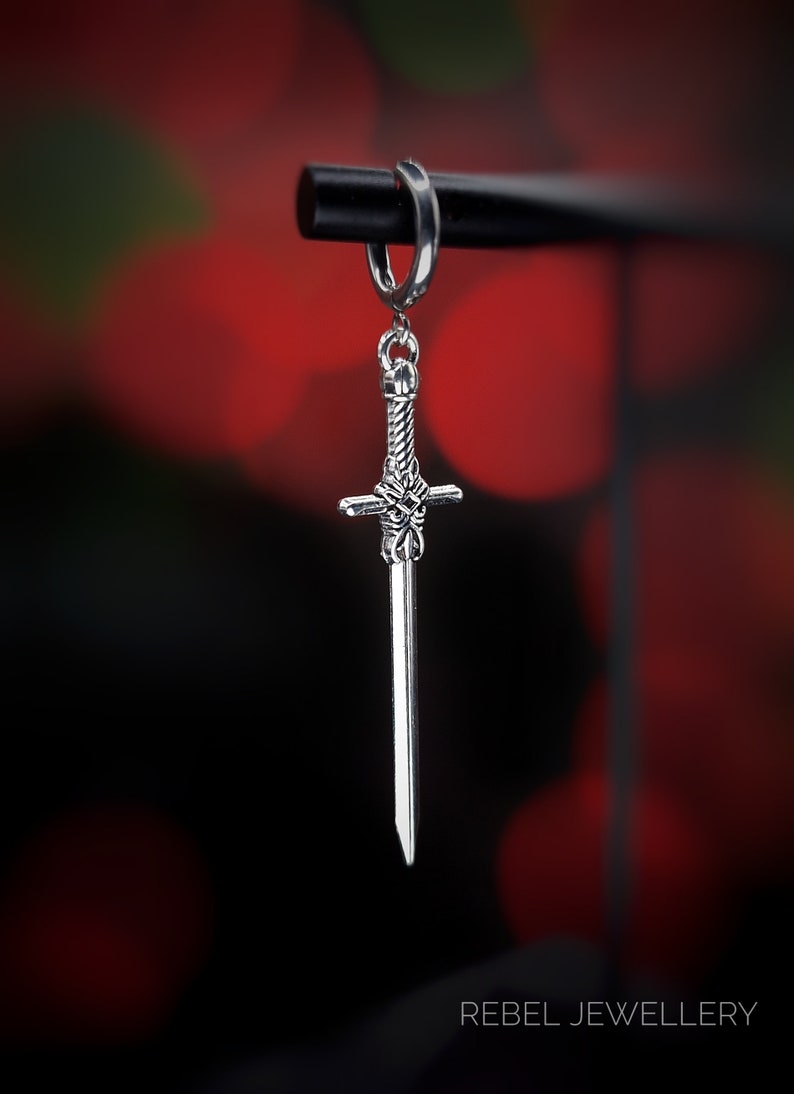 Silver Sword Earings for Women and Men. Unique Gothic Alternative Jewellery, Dagger Dangle Sword Silver Charm Earring Set, Unique gift Single