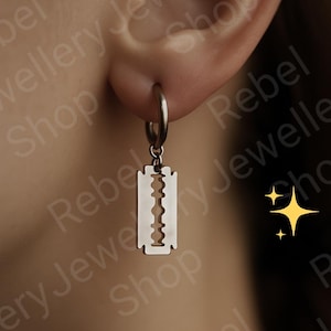 Gothic Razor Earings Silver Unique Goth Emo Alternative Earrings, Silver Drop and Dangle Razor Charms, Dangle Earring Set for Men and Women
