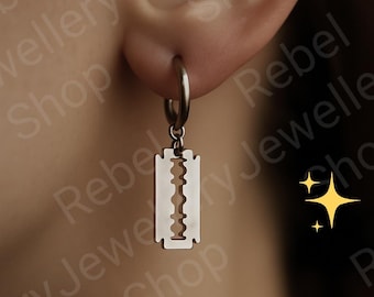 Gothic Razor Earings Silver Unique Goth Emo Alternative Earrings, Silver Drop and Dangle Razor Charms, Dangle Earring Set for Men and Women