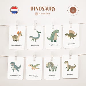 DINOSAURIOS • Holandés • Fichas para imprimir • Fichas Montessori de tres partes • Nomenclatura