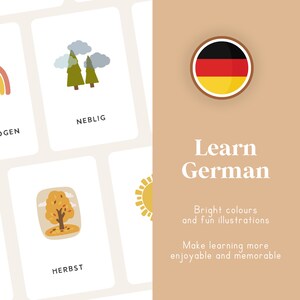 May include: Illustrated flashcards for learning German. The cards feature colorful images and German words for "foggy", "autumn", and "sun".