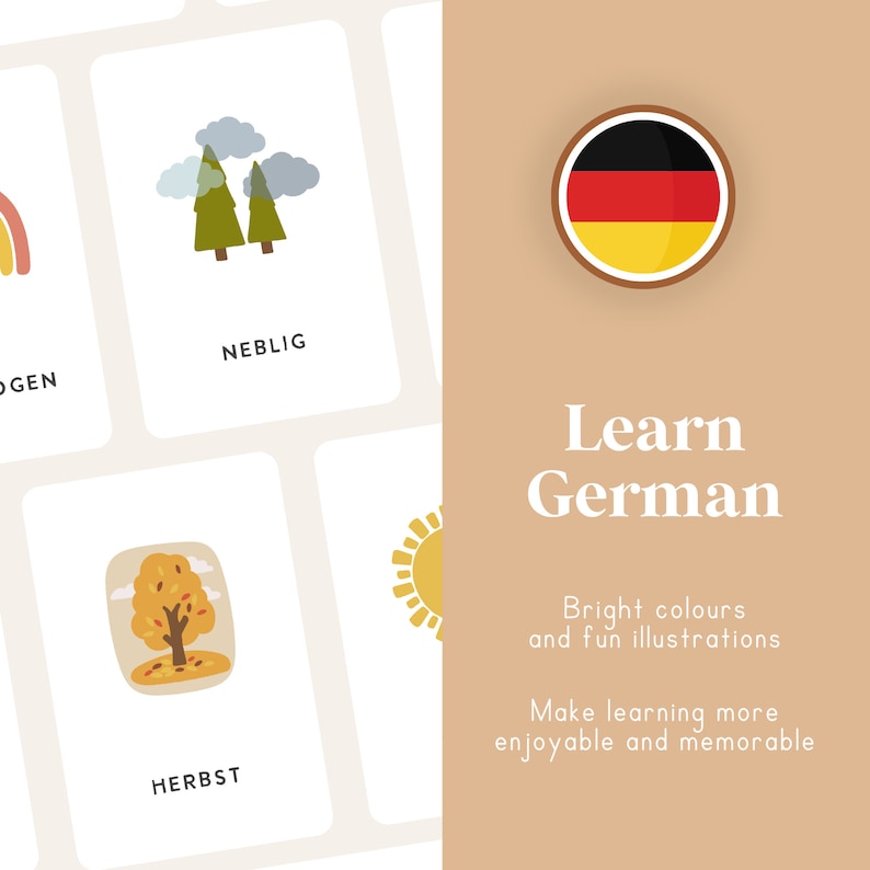 May include: Illustrated flashcards for learning German. The cards feature colorful images and German words for "foggy", "autumn", and "sun".