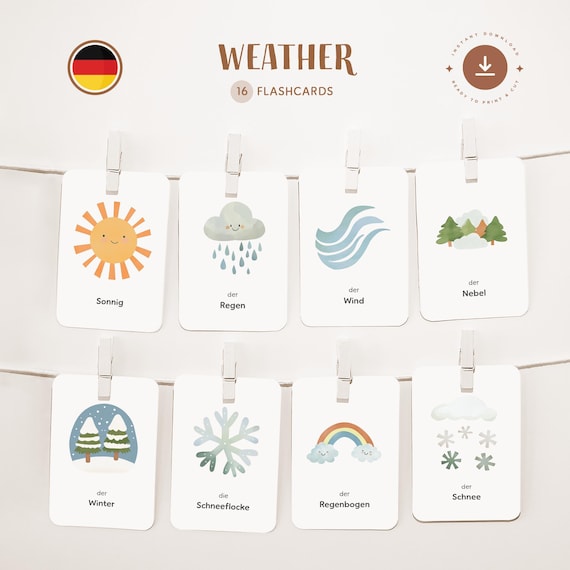 WEATHER • German • Printable Flashcards • Three-Part Montessori Cards • Nomenclature