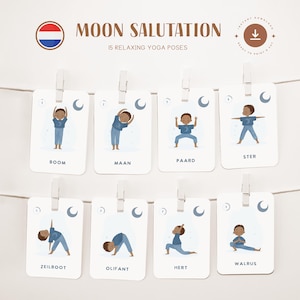 YOGA • Saludo a la Luna • Holandés • Tarjetas Imprimibles • 15 Posturas