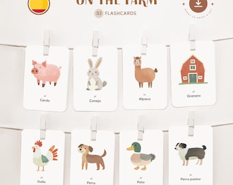 FARM ANIMALS • Spanish • Printable Flashcards • Three-Part Montessori Cards • Nomenclature