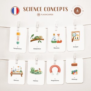 Può includere: Set di 8 flashcard con illustrazioni colorate e testo in francese. Le flashcard presentano concetti scientifici come la temperatura, l'adattamento, la reazione, l'analisi, l'elemento, l'habitat, il magnetismo e la miscela.