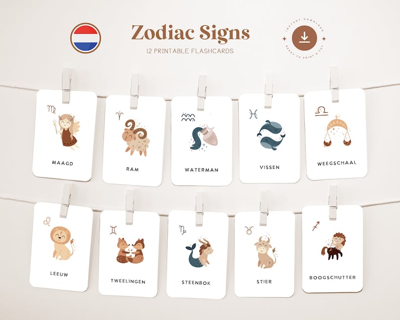 ZODIAC SIGNS • Dutch • Printable Flashcards • Three-part Montessori