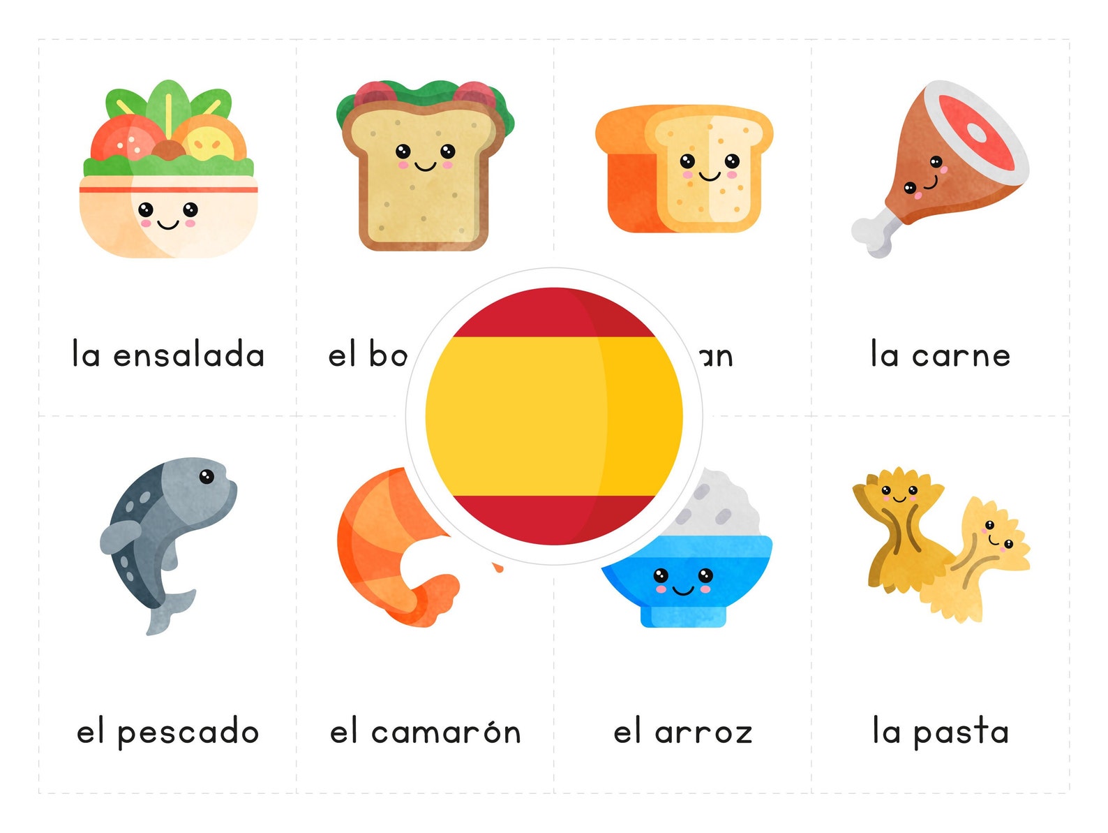 FOODS Spanish Printable Flashcards Threepart Montessori Etsy