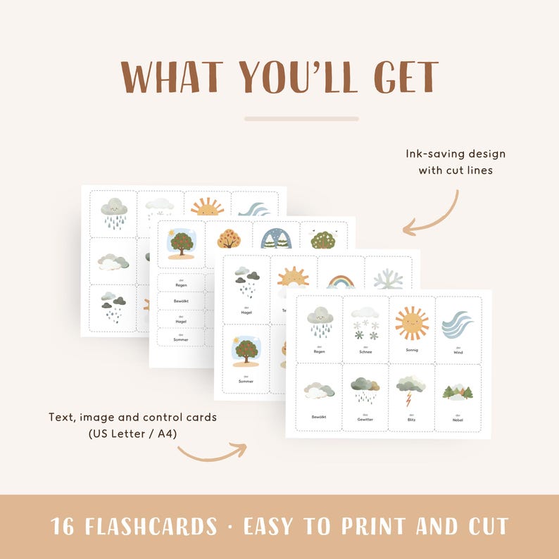 WEATHER • German • Printable Flashcards • Three-Part Montessori Cards • Nomenclature image 3