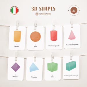 FORMES 3D • Italien • Cartes flash imprimables • Cartes Montessori en trois parties • Nomenclature