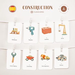 CONSTRUCTION • Espagnol • Cartes flash imprimables • Cartes Montessori en trois parties • Nomenclature