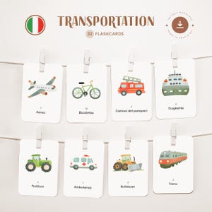 TRANSPORTE • Italiano • Tarjetas didácticas imprimibles • Tarjetas Montessori de tres partes • Nomenclatura