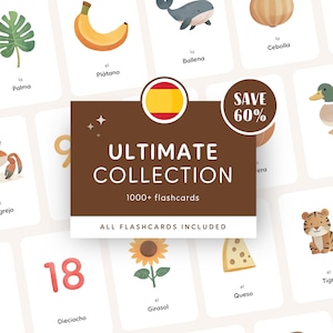 May include: Flashcards with Spanish words and illustrations of objects and animals. The image includes a banner with the text "ULTIMATE COLLECTION" and "1000+ flashcards". A badge indicates a 60% saving. The cards are designed for educational purposes.